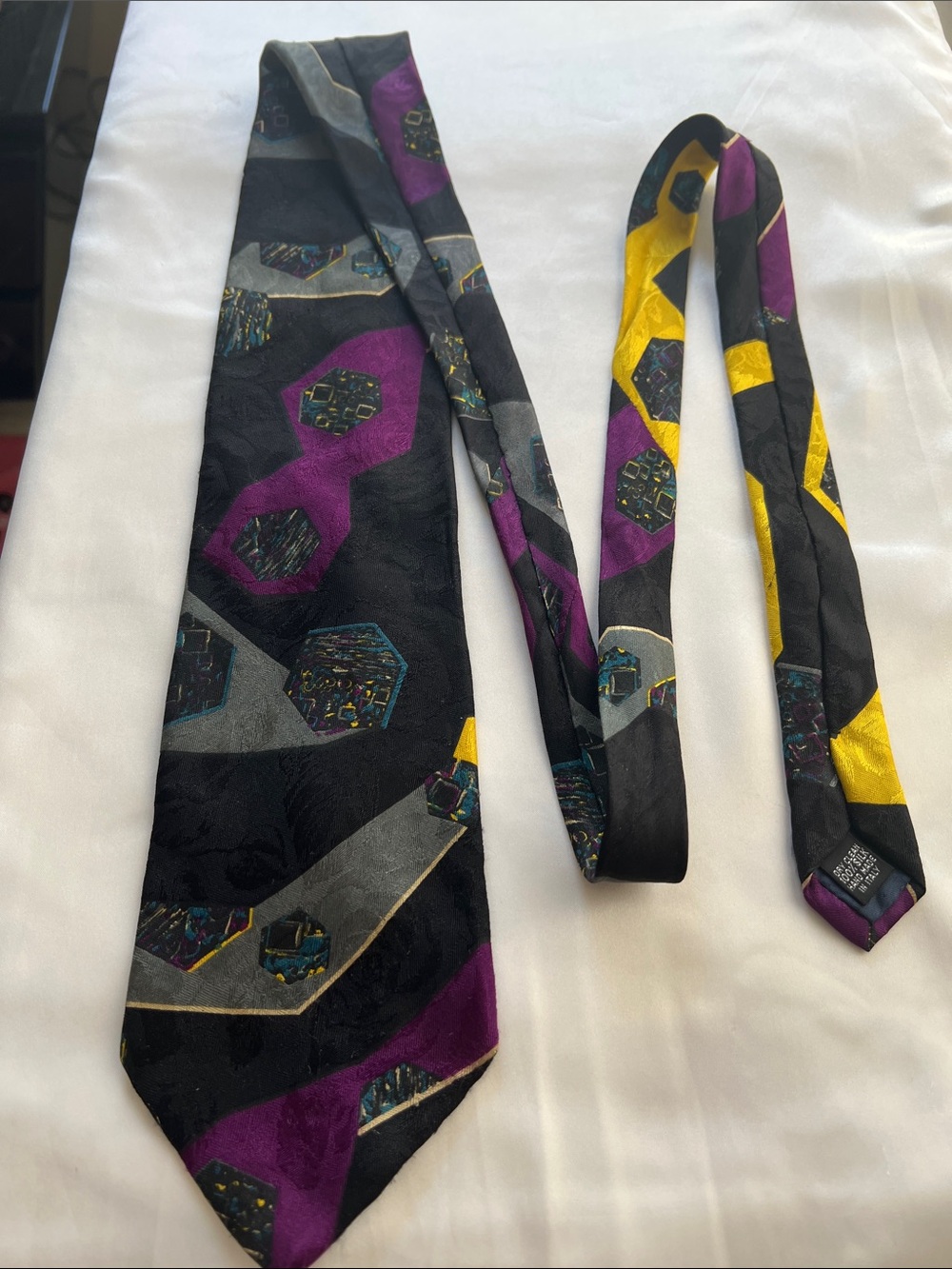 Men's Black, Purple & Yellow Geometric 100% Silk Tie Handmade in Italy